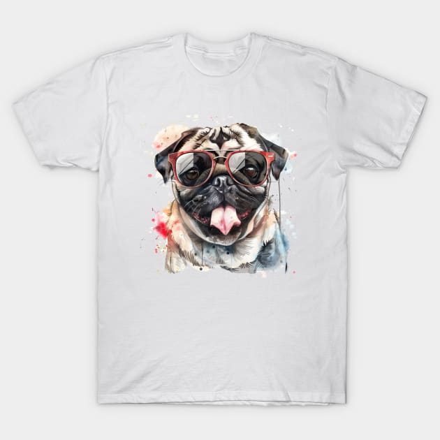 Pug with Sunglasses (Watercolor) T-Shirt by Wayward Purpose